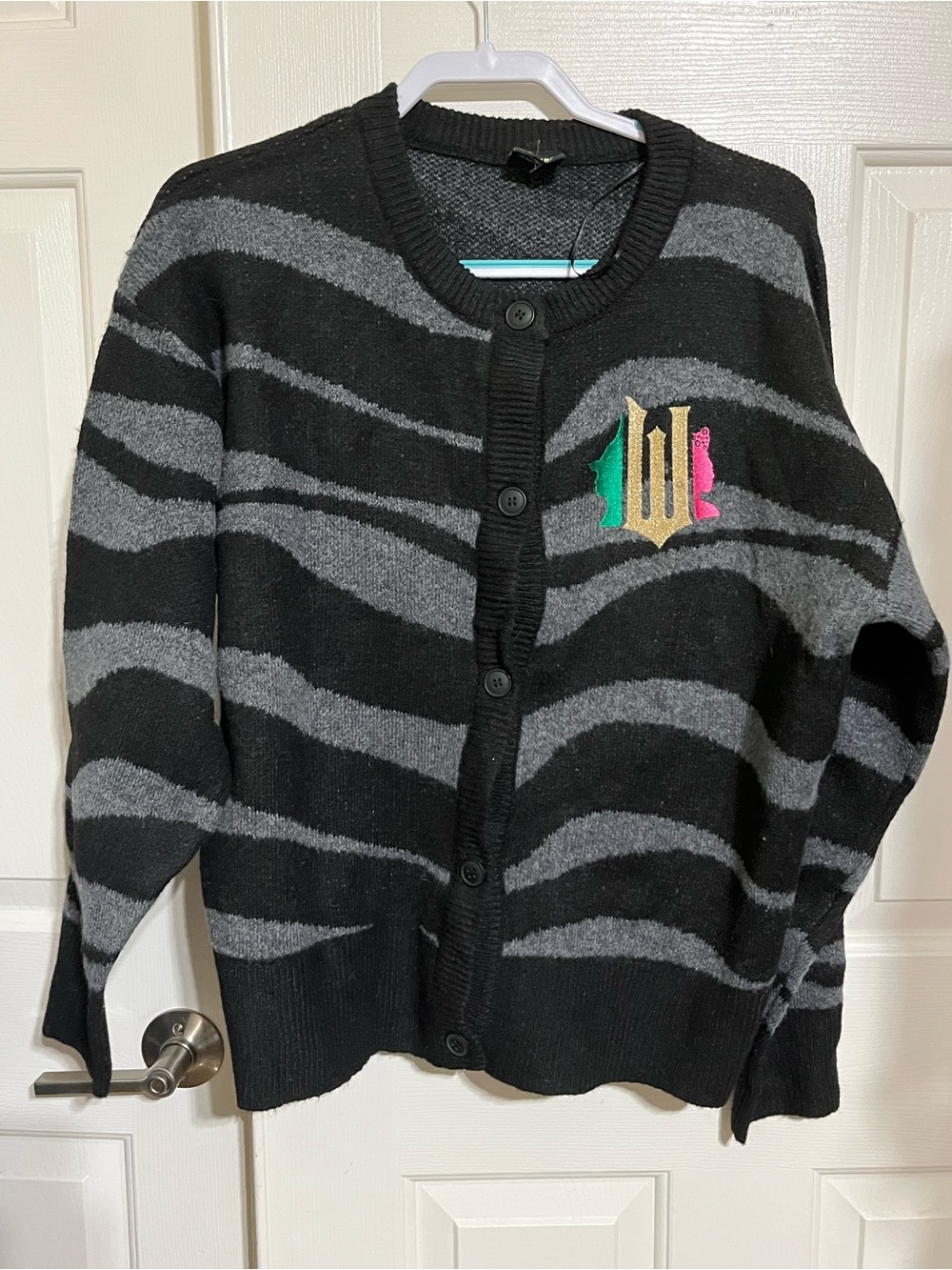 “Wicked” Black & Gray Striped Button-Up Cardigan Jacket